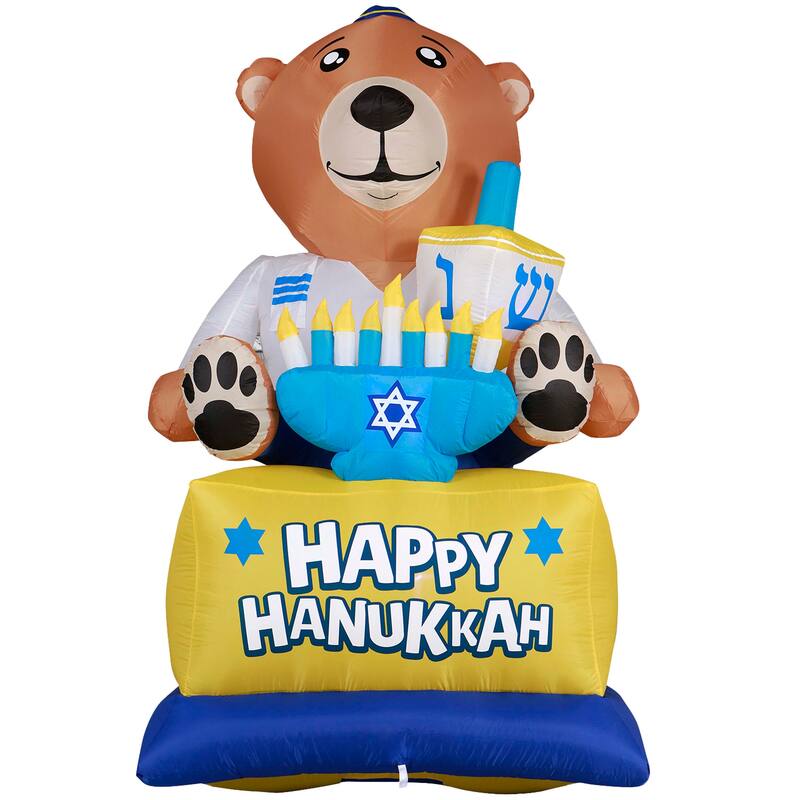 Giant Hanukkah Inflatable Bear - Yard Decor with Built-in Bulbs, Tie-Down Points, and Powerful Built in Fan - Multi
