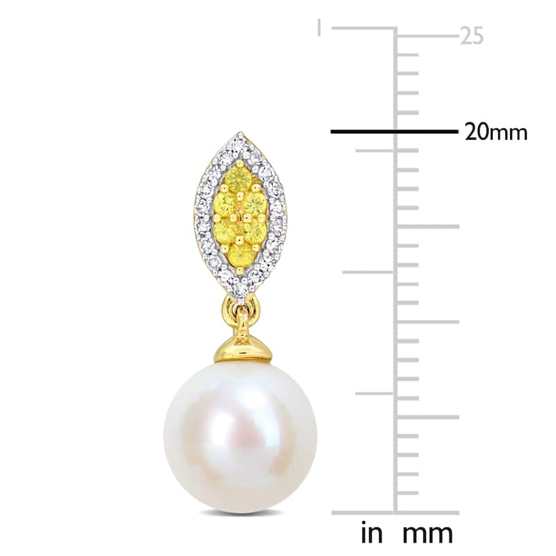Miadora 1/7ct Diamond And 1/6ct TGW Yellow Sapphire Freshwater Cultured Pearl Fashion Post Earrings in 14K Yellow Gold