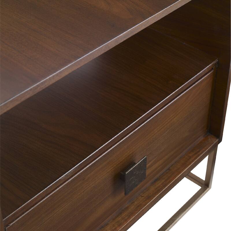25" brown walnut wood side table with storage drawers
