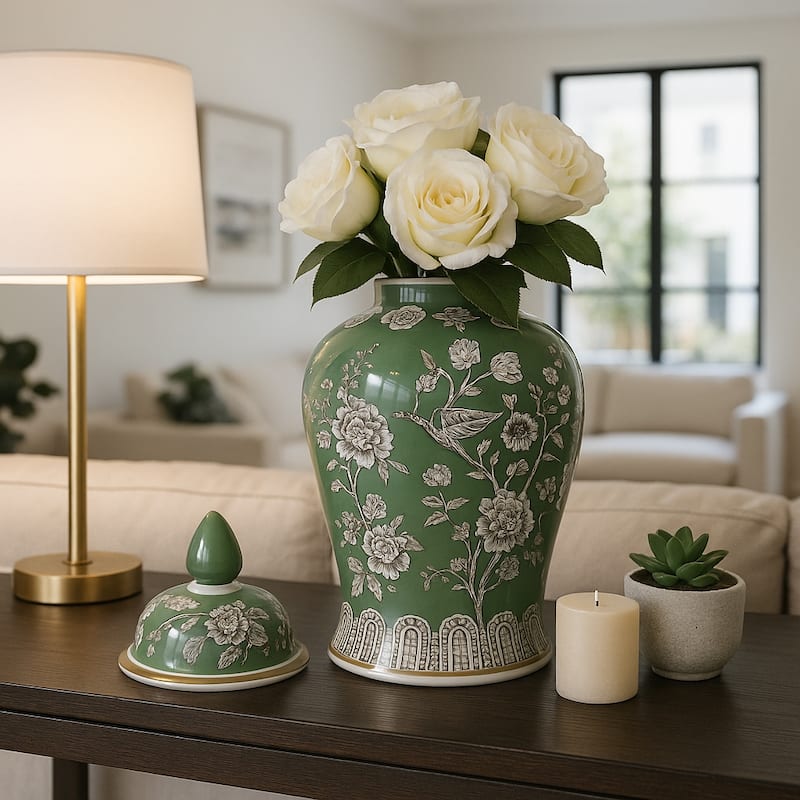Decorative Bird and Flower Temple Jar with Lid