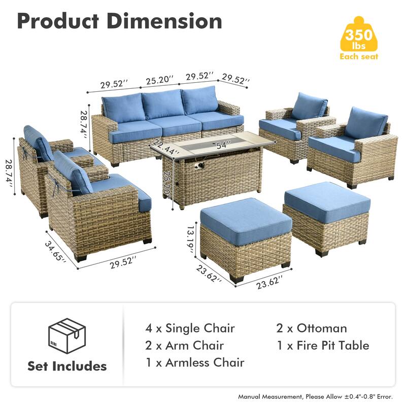 HOOOWOOO 10-piece Outdoor Wicker Wide Arm Patio Furniture Set with Fire Pit