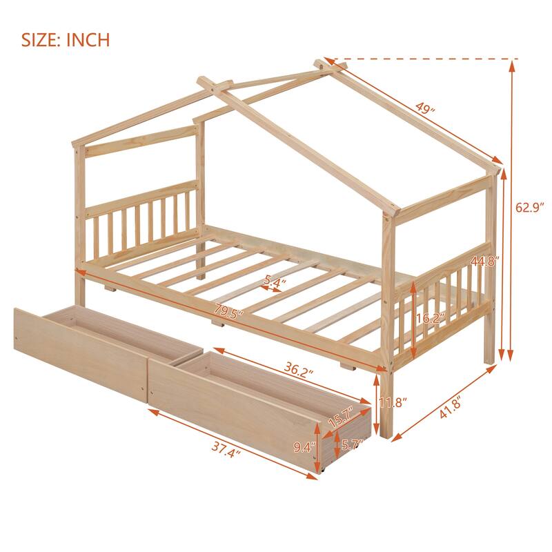 Twin Size Wooden House Bed with Storage Drawers, Fun Kids Bed with Roof Design