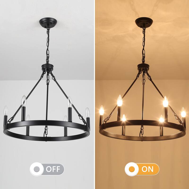 22.04 in. 6-Light Black Rustic Farmhouse Chandelier, Wagon Wheel Chandelier for Dining Room Living Room Bedroom Kitchen