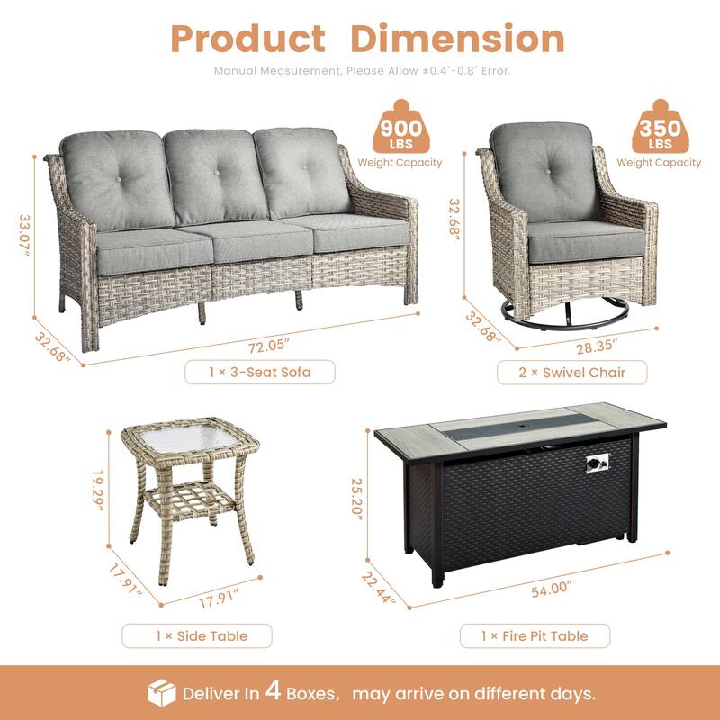 XIZZI 5-Piece Wicker Patio Furniture Set with Sofa, Swivel Chairs & Fire Pit