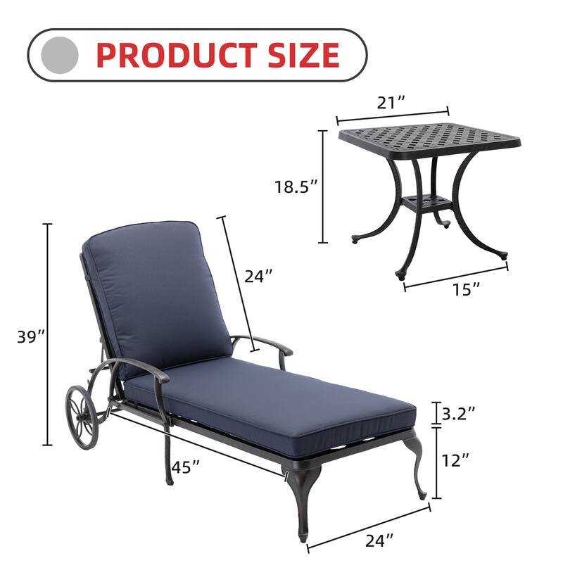 3-Piece Aluminum Reclining Outdoor Chaise Lounge with Cushions and Table
