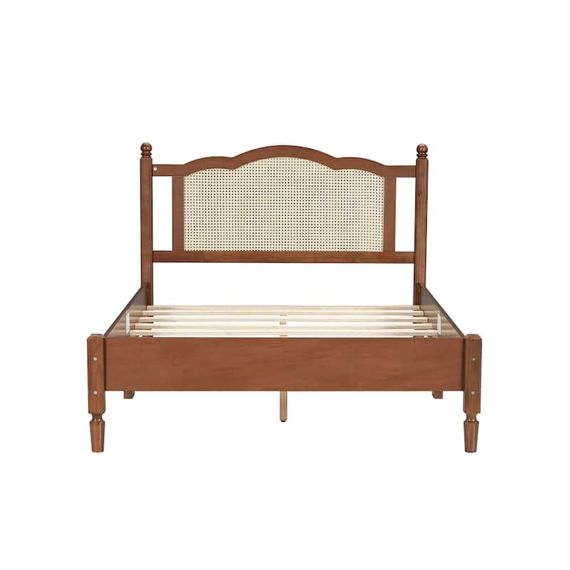 Queen/Full Size Wood Platform Bed with Natural Rattan Headboard, Vintage Bed Frame