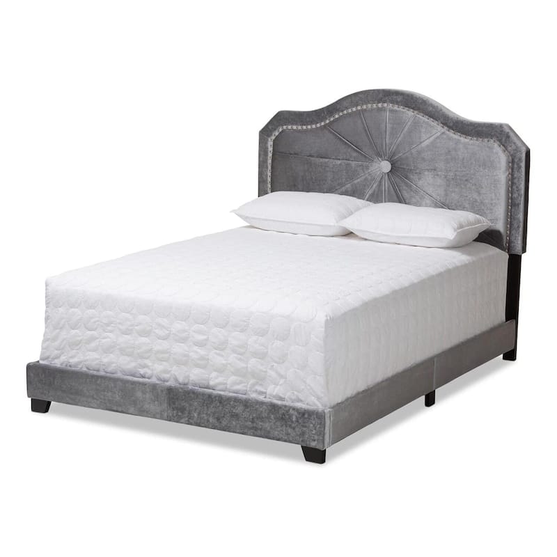 Queen Size Velvet Bed - Modern Upholstered Bed Frame, Gray Button Tufted Headboard