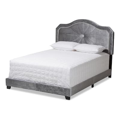 Queen Size Velvet Bed - Modern Upholstered Bed Frame, Gray Button Tufted Headboard