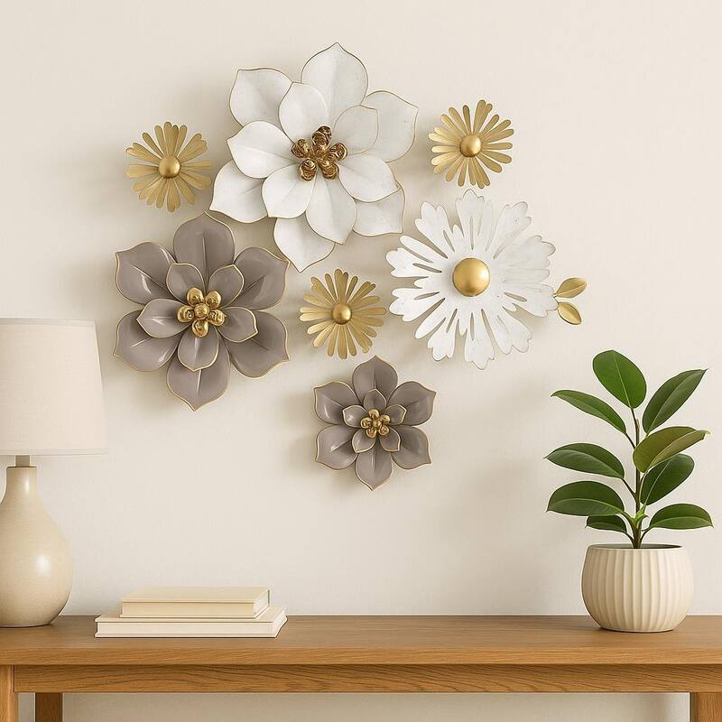 Floral Metal Wall Art Vertical White Gold 3D Flower Accent 36"x19"