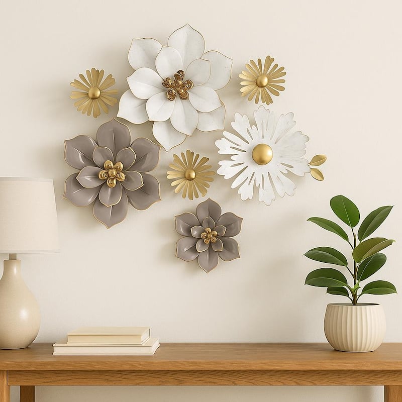 Floral Metal Wall Art Vertical White Gold 3D Flower Accent 36"x19"
