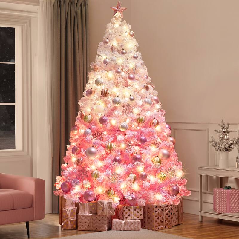 Yaheetech 4.5ft/6ft/7.5ft Pre-lit Flocked Artificial Christmas Tree with Incandescent Warm White Lights, Pink Gradient - 7.5 Foot