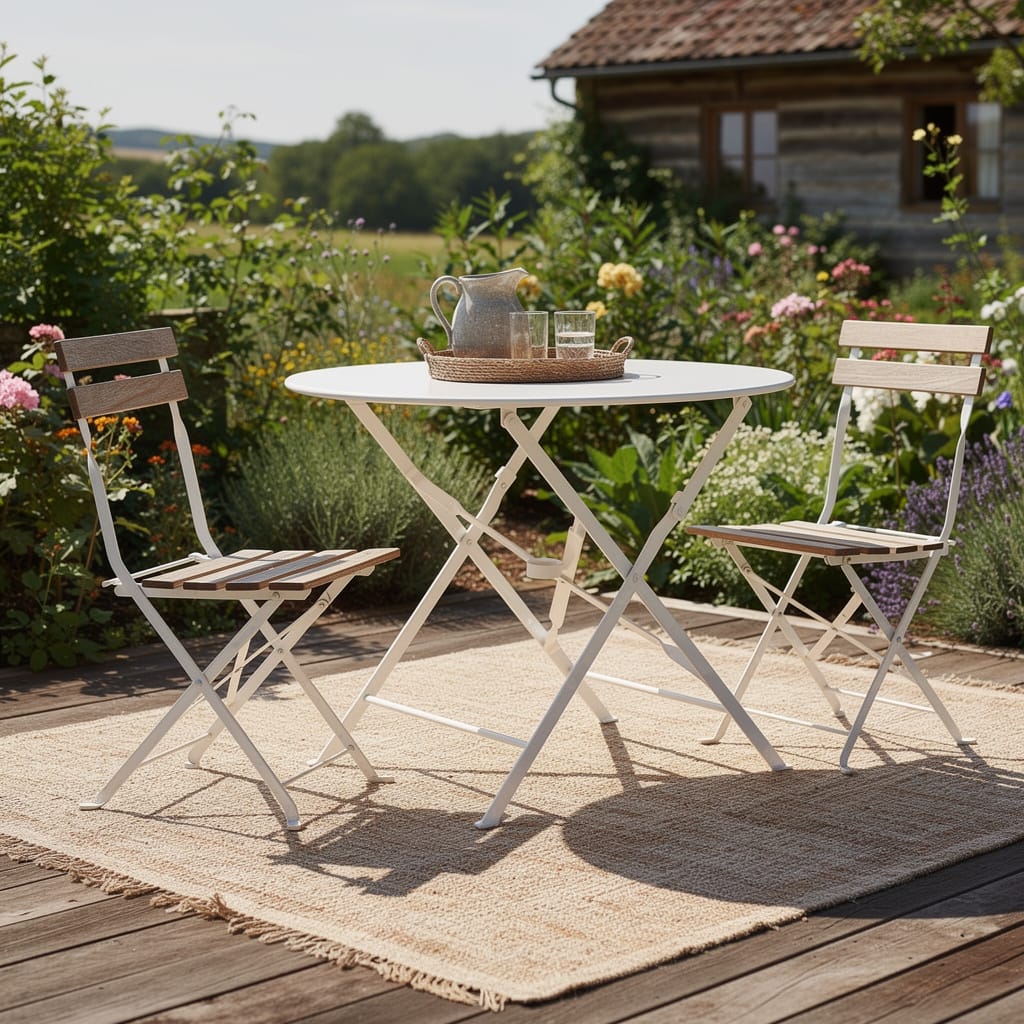 HomeRots 30" White Rounded Aluminum Folding Outdoor Bistro Table with Umbrella Hole