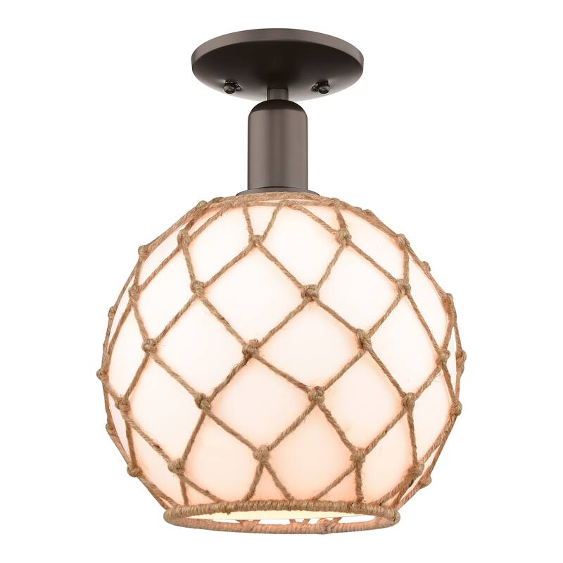 Innovations Lighting 716-1C-14-10 Farmhouse Rope Semi-Flush Farmhouse - Oil Rubbed Bronze / White Glass with Brown Rope