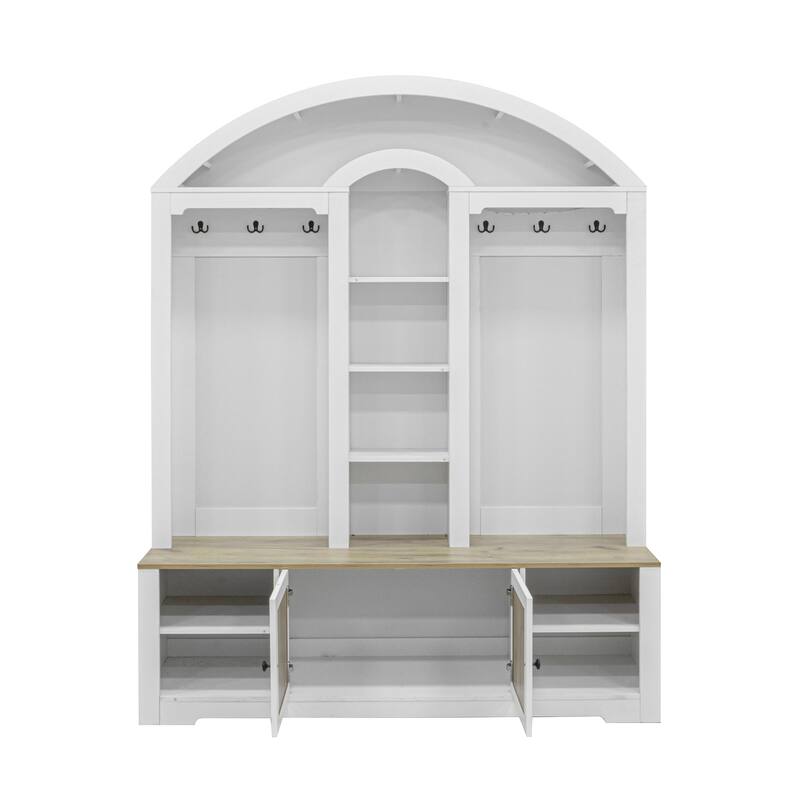 Hall Tree with Bench and Shoe Storage, Wood Entryway Bench with Coat Rack, Coat Hooks, Narrow Tall Storage Cabinet with Shelf