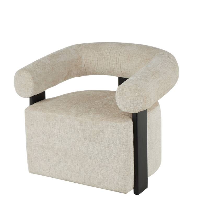 Beige Polyester Living Room Accent Chair with Black Wood Support