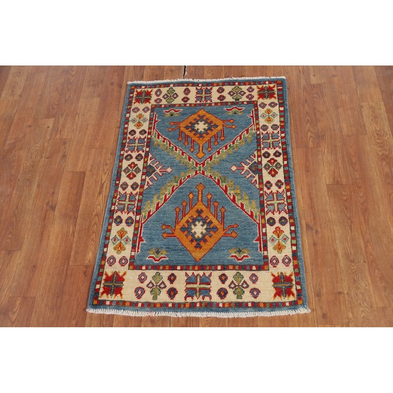 Light Blue Geometric Kazak Foyer Rug Handmade Wool Carpet - 2'0" x 3'0"