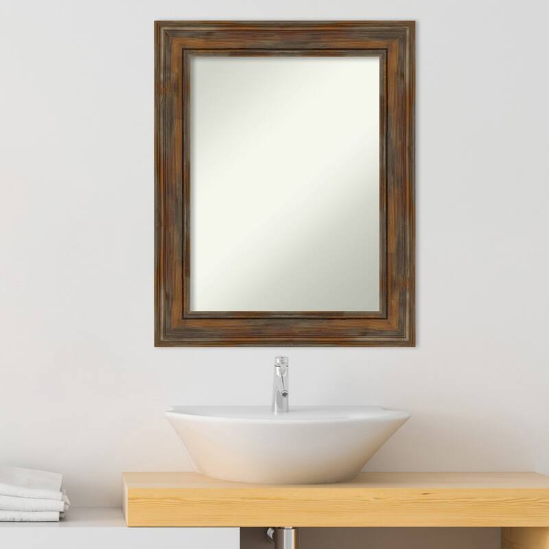 Non-Beveled Wood Bathroom Wall Mirror - Alexandria Rustic Brown Frame