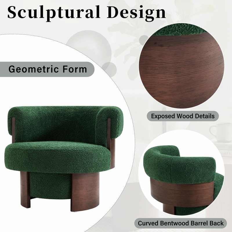 Modern 32'' Curved Sculptural Swivel Barrel Chair, 360° Swivel Base, Upholstered Accent Chair