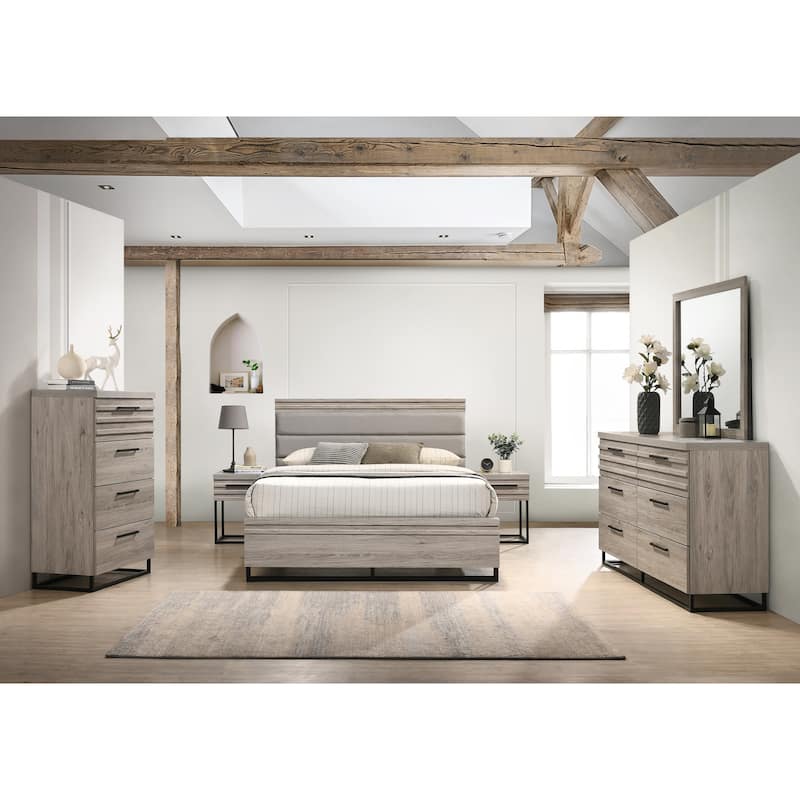 Roundhill Furniture Alvear Upholstered Wood Panel Bed, Dresser, Mirror, 2 Nightstands, and Chest, Weathered Gray - Queen