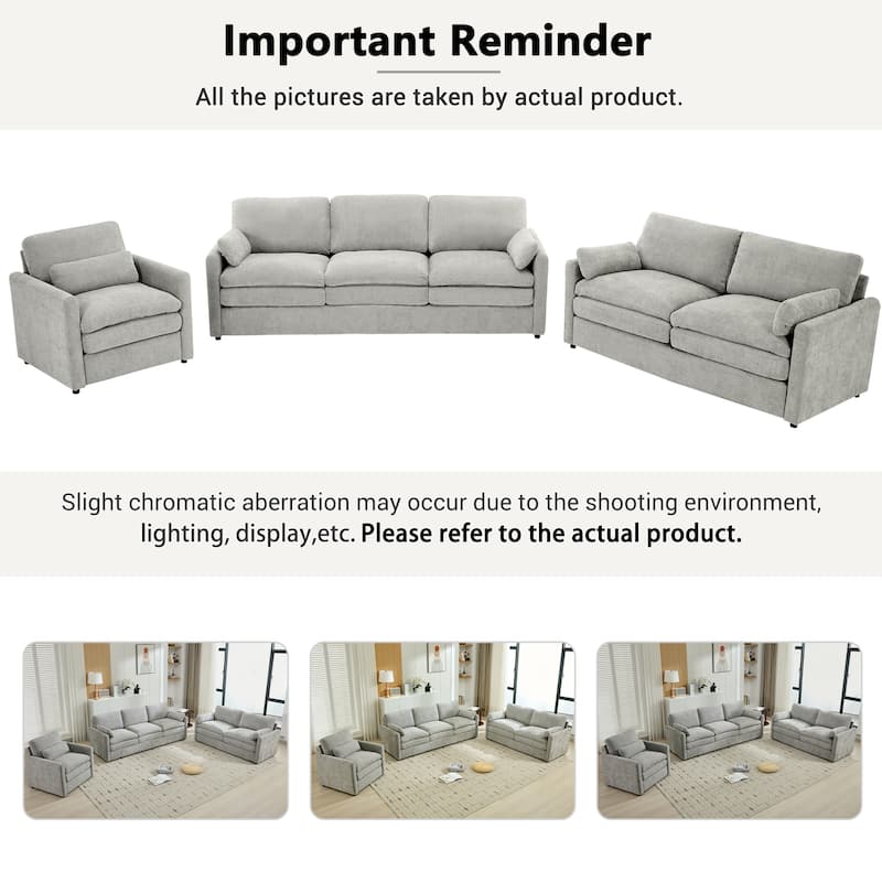 3-Pieces Chenille 6-Seat Sectional Sofa Set with Oversized Cloud Couch and Double Cushions