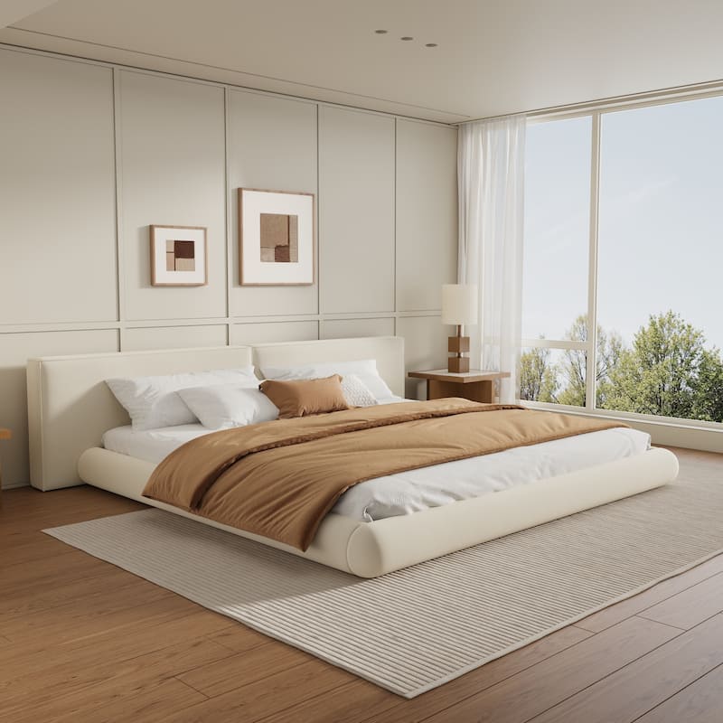 Christopher Knight Home - Lunara Modern Upholstered Floor-Hugging Platform Bed with Rounded Edges - Cream - Queen