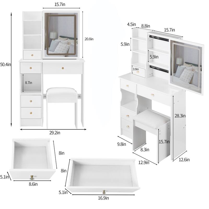 Dressing Table Stool Set with Brightness Adjustable Touch LED Mirror