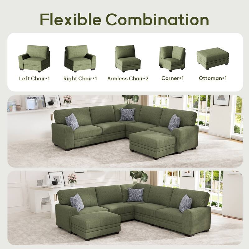 6 Piece Modular Corduroy Sectional With Ottoman