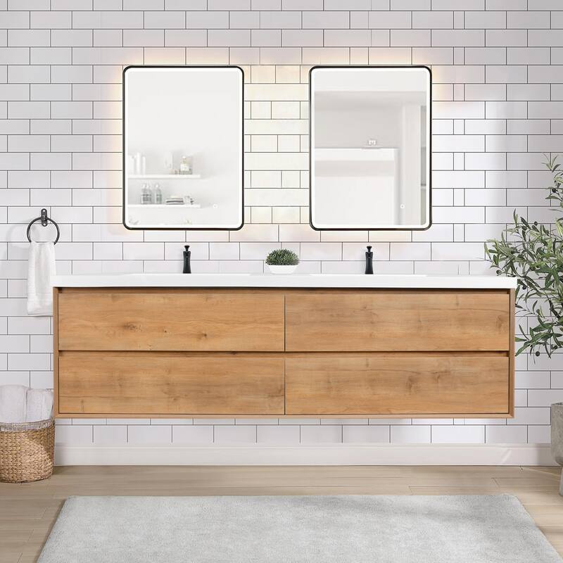 Sylphar 84 in. Toffee Oak Bath Vanity with Undermount Sink, 3 Top Options - Integrated Resin Sink Top Set