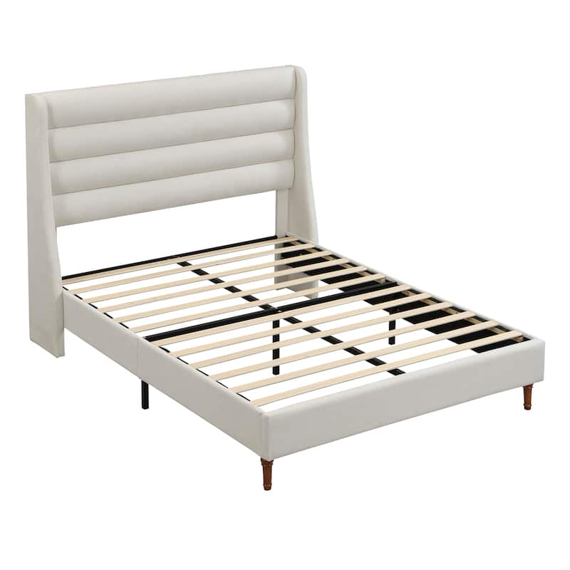 Queen Size Bed Frame High Headboard Upholstered Platform Bed with Wave - Shaped Headboard, Premium Chenille Fabric