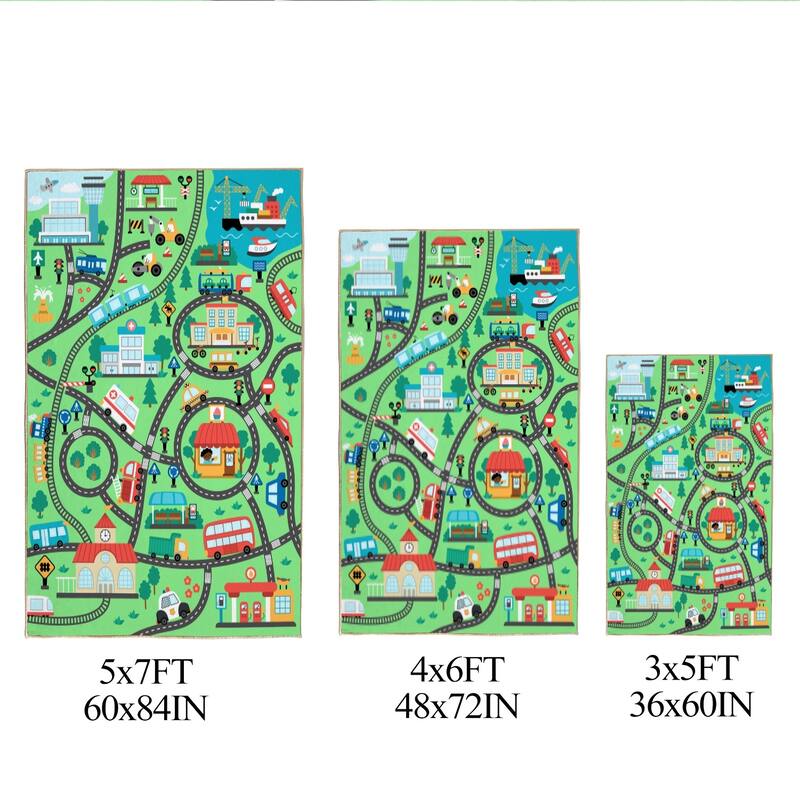 Kids Play Rug, City Road, Vehicle Carpet Playmat Rug, Non Slip Educational Kids Area Rug for Playroom Nursery Toddler Room