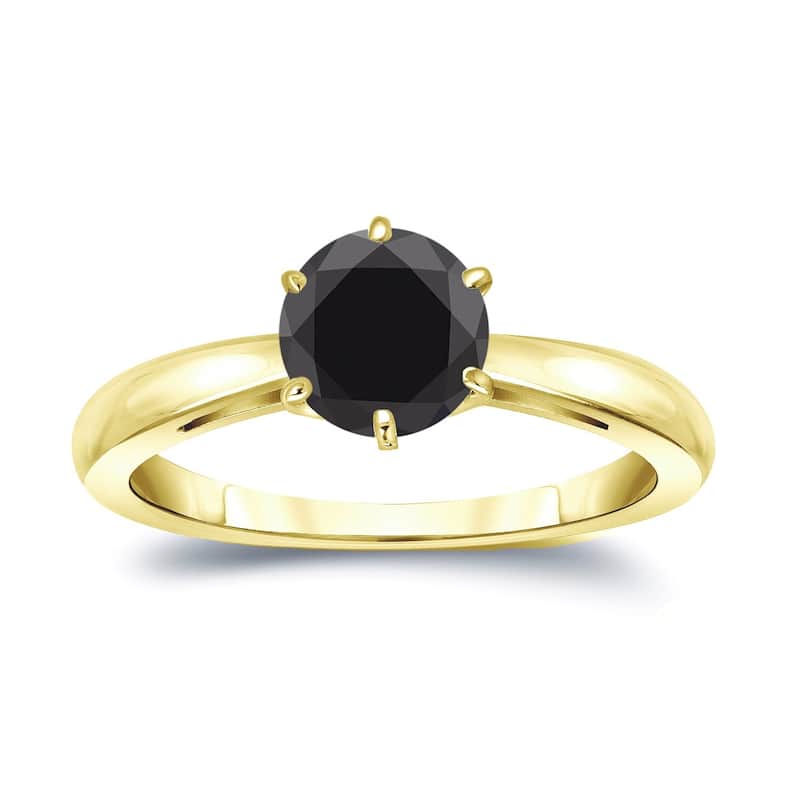 Auriya 14k Gold 1 1/2ctw Round Solitaire Black Diamond Engagement Ring 6-Prong - Yellow - 4