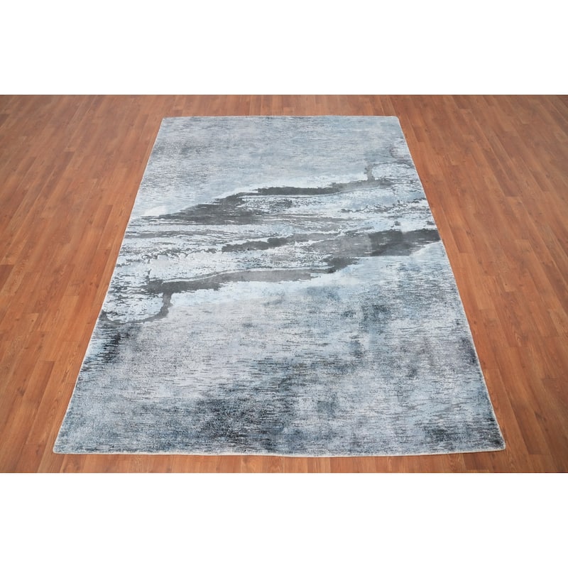 Hand Knotted Oriental Viscose Silk Carpet Modern Pictorial Navy Blue & Blues Abstract Area Rug - 7' 6'' X 5' 8''