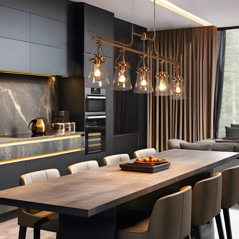 Haye Modern Gold Brass 5-Light Chandelier Seeded Glass Kitchen Island Lights for Dining Room - L37.8" x W 5.3" x H16.5"