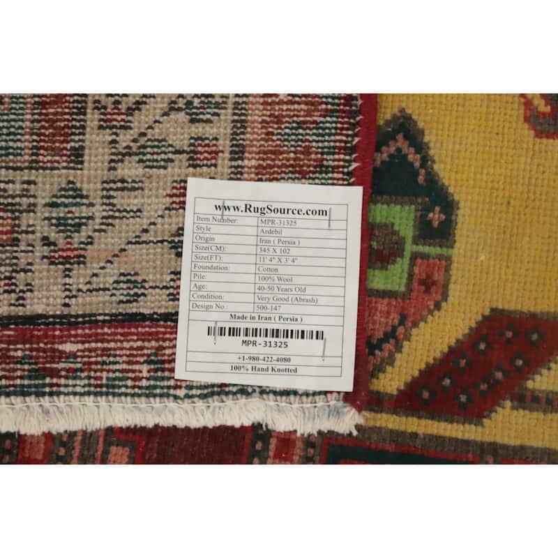 Hand Knotted Oriental 100% Wool Carpet Traditional Tribal Yellow & Gold Ardebil Runner Rug - 11' 4'' X 3' 4''