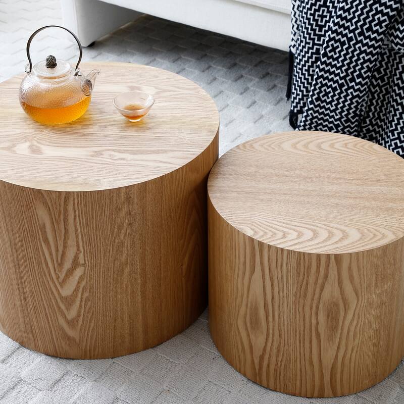 Wood Grain Coffee Table Set of 2 Round Nesting Side Table Lightweight End Table Modern Accent Table, No Assembly Required