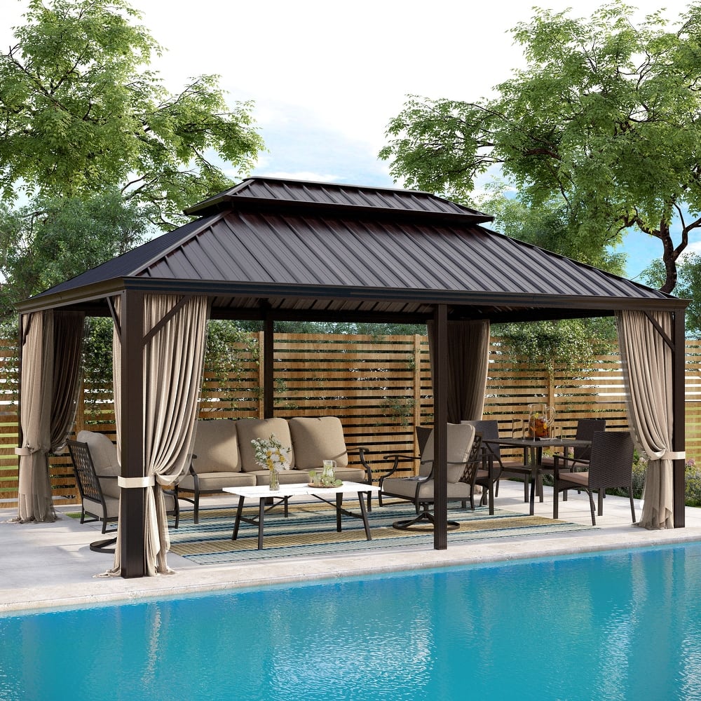 MAISON ARTS 14x20' Hardtop Aluminum Galvanized Steel Double Roof Gazebo with Netting & Curtains