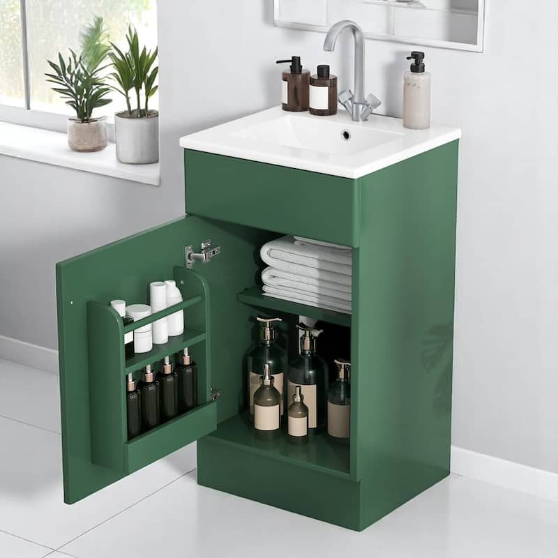 Compact 18 Inch Bathroom Vanity with Ceramic Sink, Painted MDF Cabinet, Storage Shelf, Soft Close Door