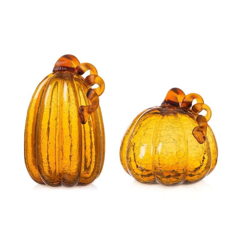 Glitzhome Amber Crackle Handblown Glass Pumpkins for Fall Harvest Decorating