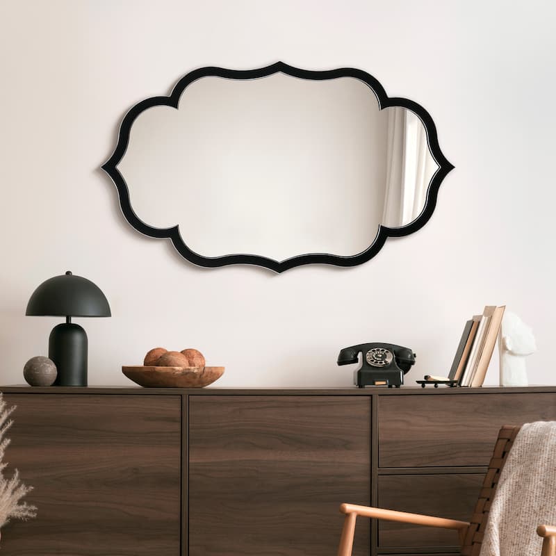 Curved Scalloped Wall Mirror on Black Matte Frame with Washed White Edges - 24" x 40" x 1"