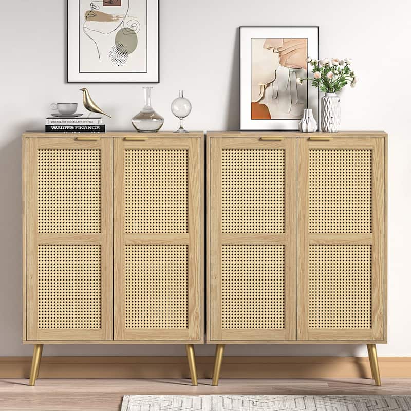 16 Pairs Rattan Shoe Storage Cabinet Freestanding Shoe Rack Organizer for Entryway