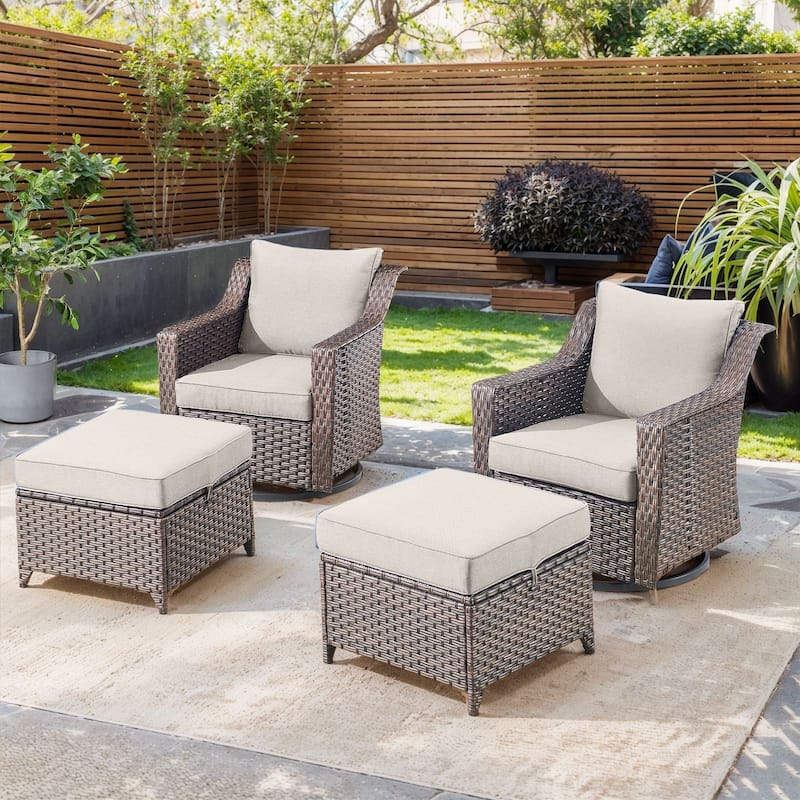 Outside Patio Sofa Chair Set with Cushions - Brwon Wicker Beige Cushion - 4PCS Swivel Chair with Ottoman