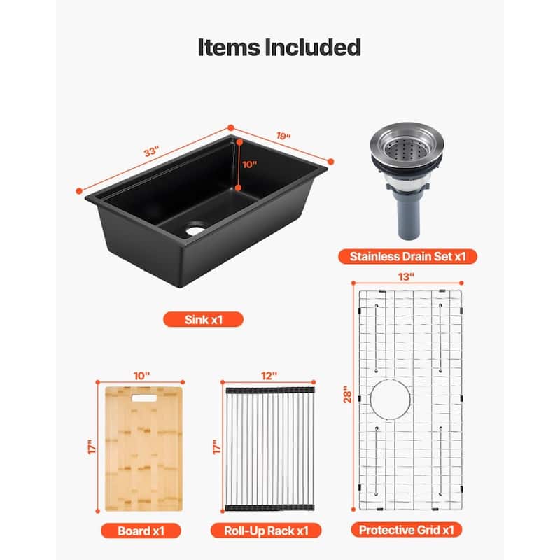 Black Granite Undermount Kitchen Sink with Single Bowl and Cutting Board and Roll-Up Rack