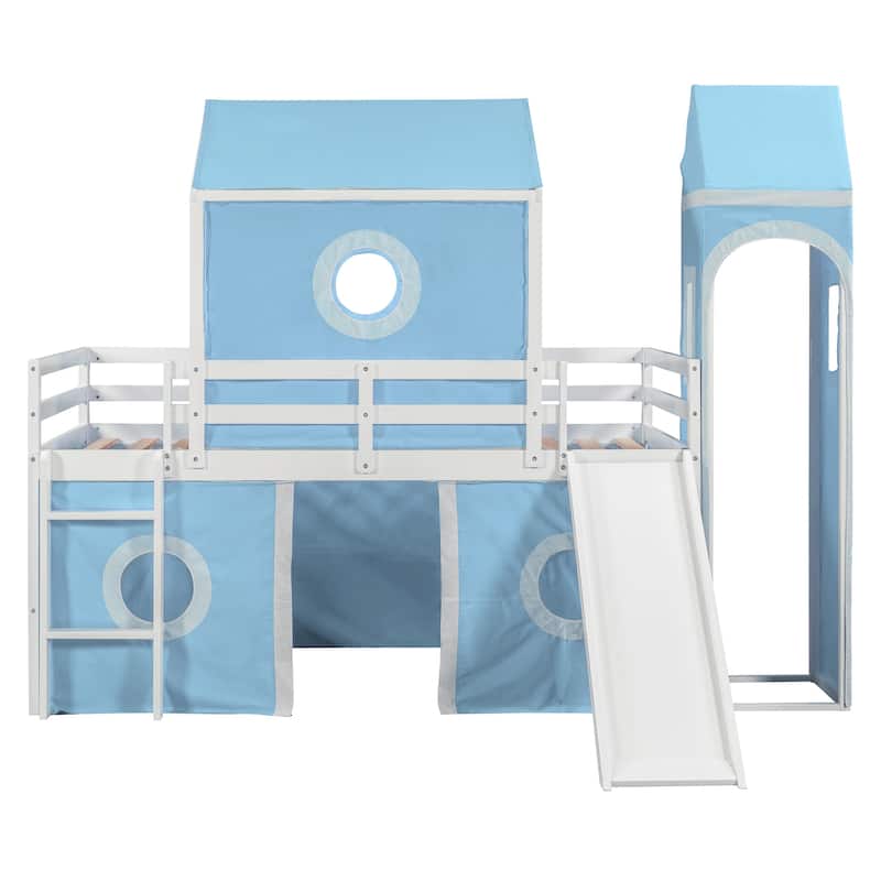 Twin Size Low Loft Bed with Slide & Play Tower, Solid Wood Floor Playhouse Bed Frame w/Tent & Window Design for Kids Girls Boys