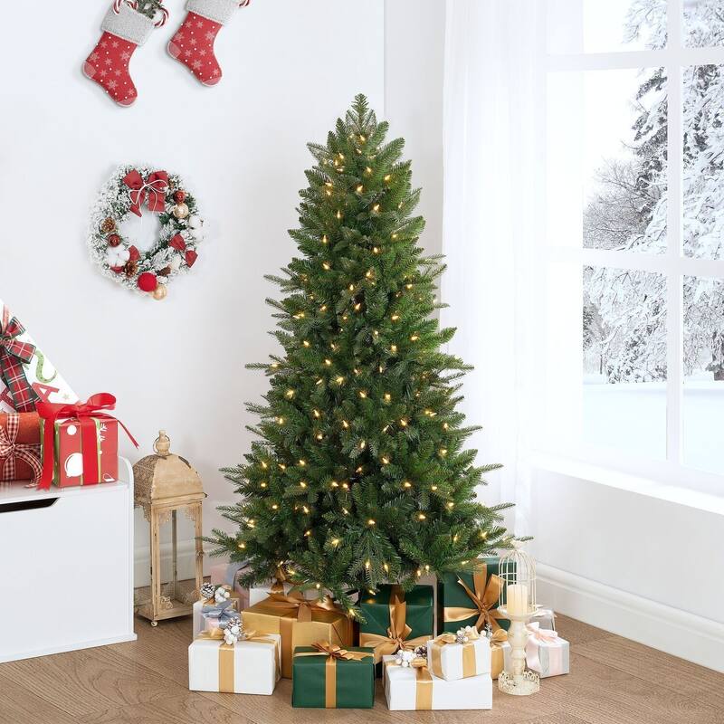 Traditional Artificial Christmas Tree with Lights, Prelit Christmas Tree, Pine Fir Christmas Tree with LED Lights