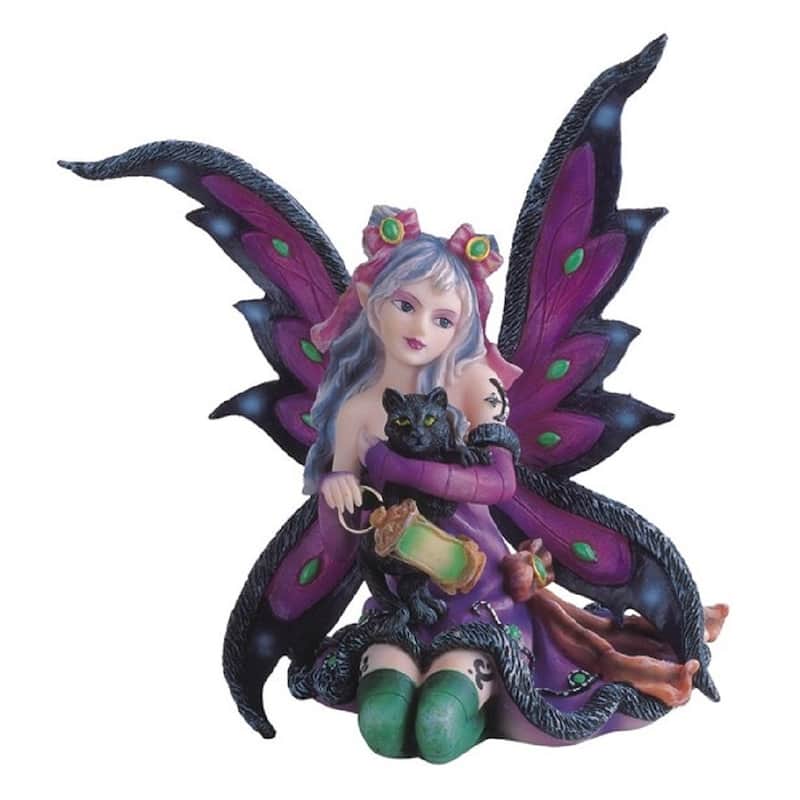 Q-Max 6"H Purple Fairy with Black Cat Statue Fantasy Decoration Figurine