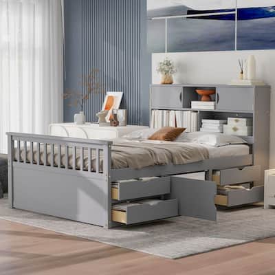 Full Size Captain Platform Bed Frame with Storage Bookcases Shelves and Four Drawers