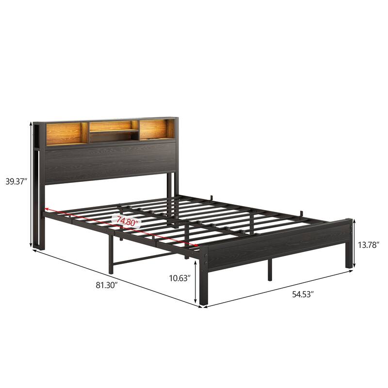 Black Full Size Bed Frame with Wood Storage Footboard, LED Metal Platform Bed Frame with Charging Station, Noise-Free