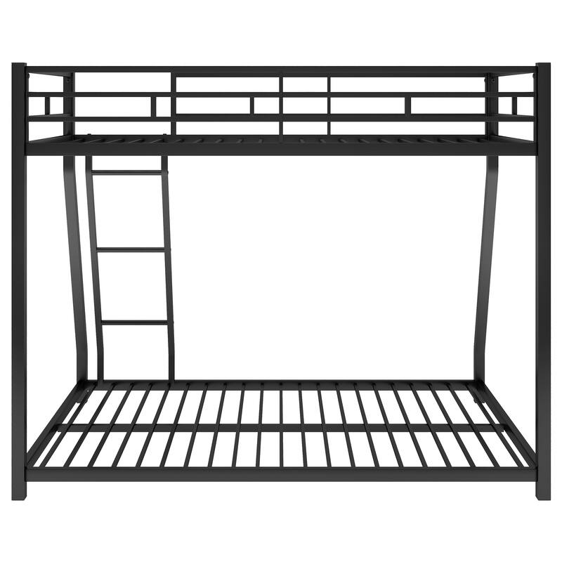 Twin over Full Bunk Bed, Floor Metal Bunk Bed with Full-Length Guardrail and Ladder, Metal Bed Frame, No Boxing Spring Needed