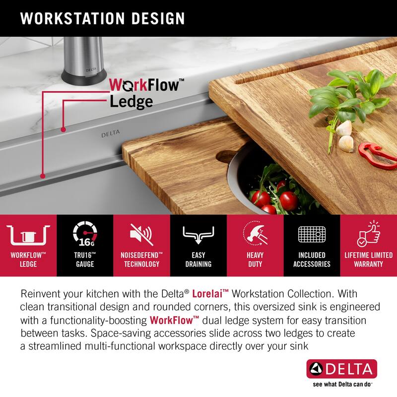 Delta 95BA132-45S Lorelai 45” Workstation Kitchen Sink Undermount 16