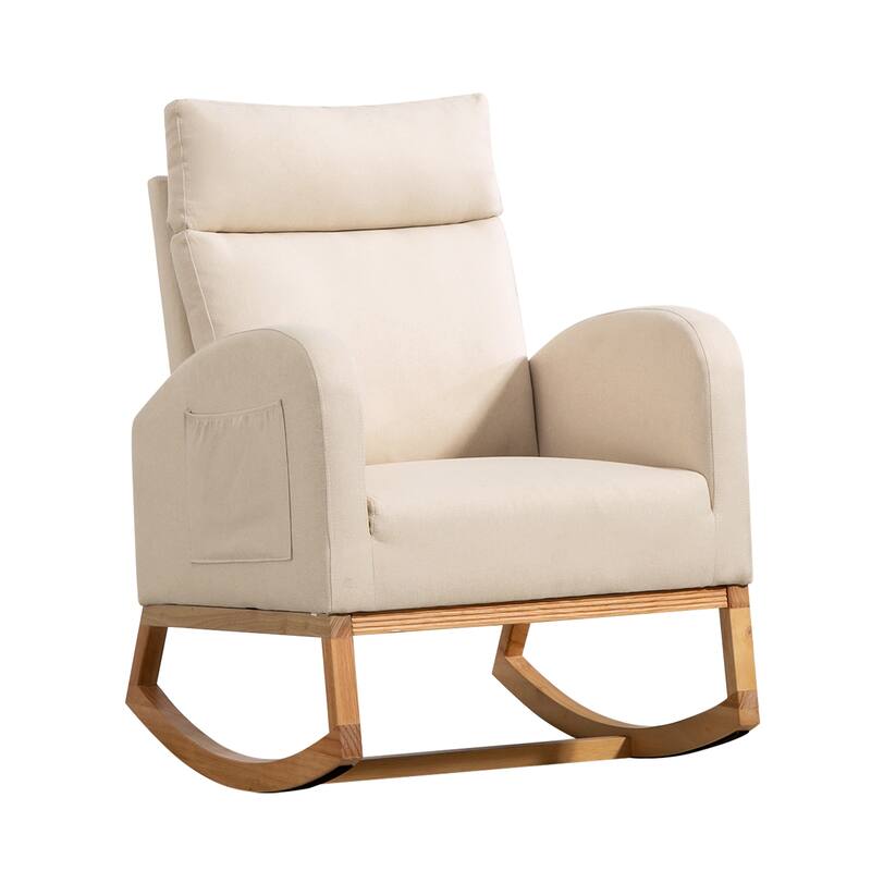 Nursery Chair Rocking Chair Glider Chair, Upholstered Accent Chair with Rubber Wood Legs, Comfy High Backrest, Side Pockets - White